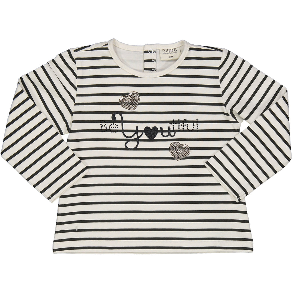 TSHIRT RIGATA CON SCRITTA STRASS E PAILLETTES